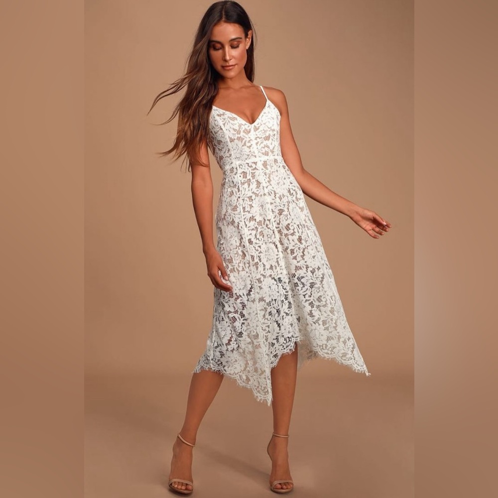 NWT! Lulus Wedding Rehearsal Dress size L Lace White Nude Midi Spaghetti Strap